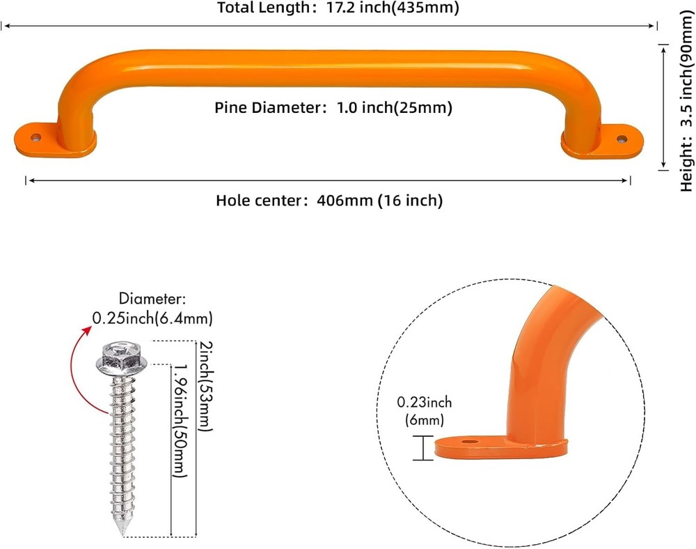 ESPETS 17.2 -Inch ORANGE Metal Safety Grab Handle Heavy-Duty Playground w Screws