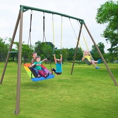 Hapfan 9.5ft Tall Metal Playset Heavy Duty Swing Set with 3 Swings & Trapeze Bar