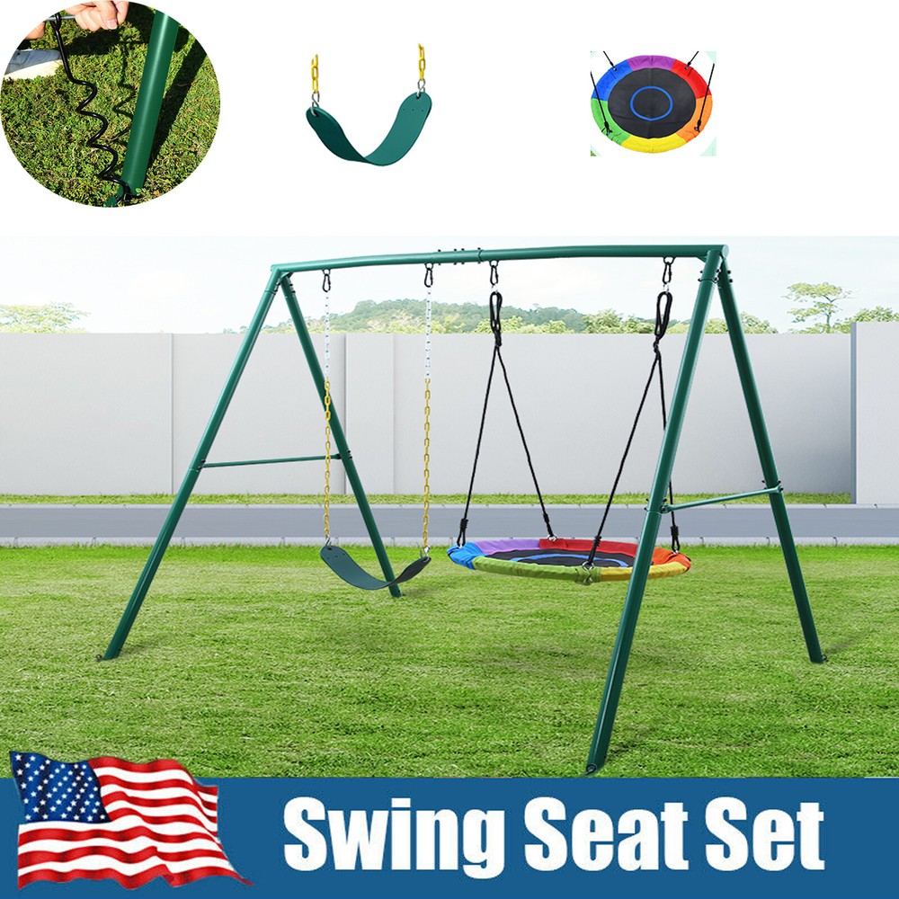 440lb Metal Swing Set with 2 Swings Heavy Duty Frame Kids Adult Backyard Playset