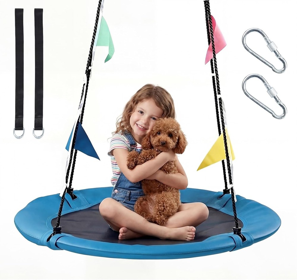 40Inch Saucer Tree Swing for Kids&Adult w/Adjustable Rope&Colorful Flags,Blue