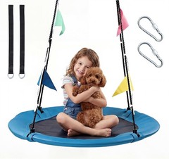 40Inch Saucer Tree Swing for Kids&Adult w/Adjustable Rope&Colorful Flags,Blue