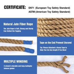 50 FT Tug of War Rope Set for Kids – Soft Natural Jute Fiber Rope with Red Fl…