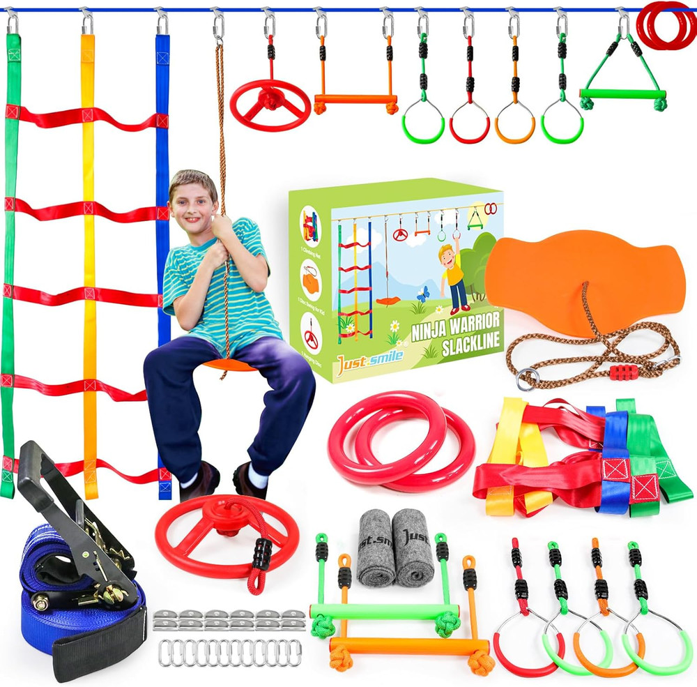 Ninja Warrior Obstacle Course for Kids Outside-Ninja Slackline 52Ft with 11 Dura