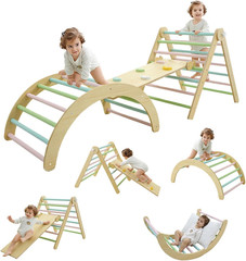 Foldable Pikler Triangle Set 5-In-1, Wooden Montessori Climber for Toddlers with