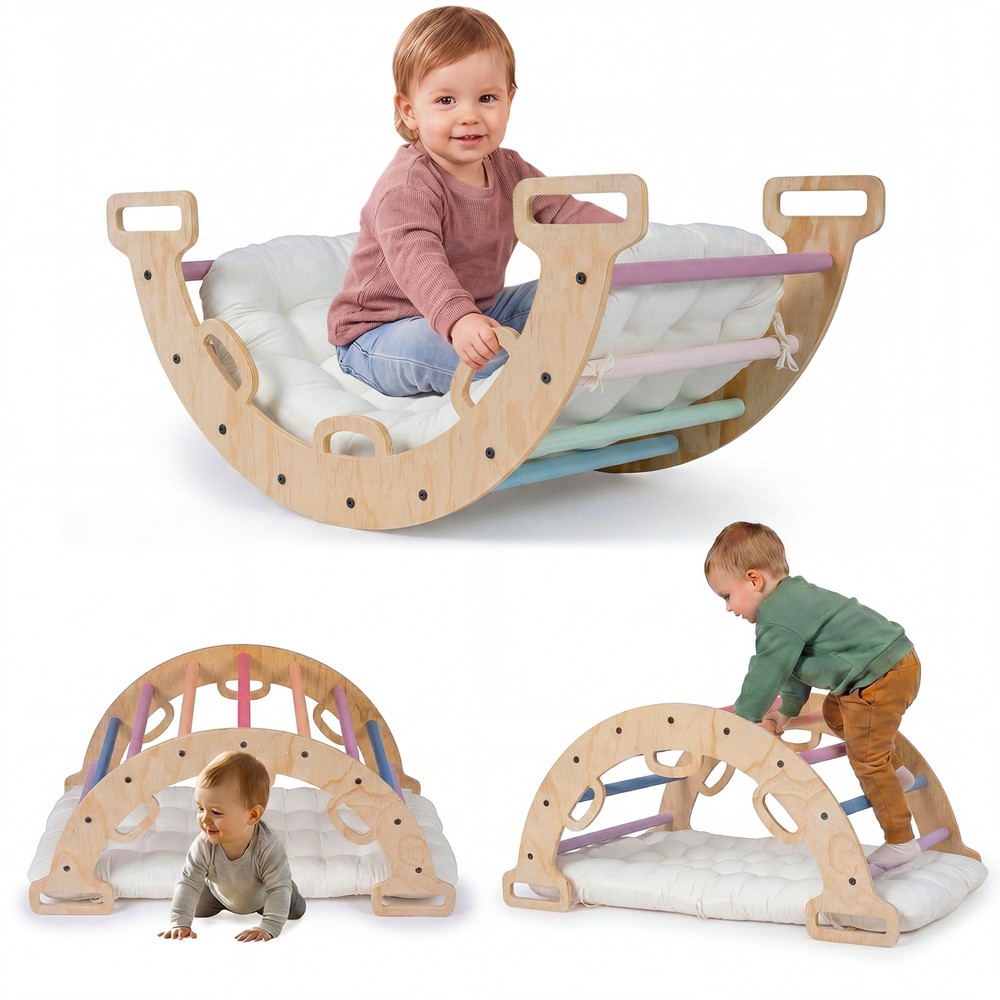 Wooden Rocking Climbing Arch w/Cushion 3-in-1 Montessori Kids Climber Rocker