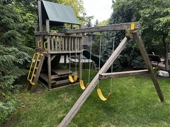 Rainbow Play Systems Wooden Outdoor Swing Set and trampoline