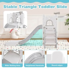 6 in 1 L-shaped Toddle Slide for Toddlers Age 1-3 Baby Slide w/ Basketball Hoop