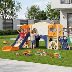 10 in 1 Toddler Slide Playset Indoor Outdoor Kids Playground w/ Basketball Hoop