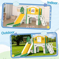 9-In-1 Toddler Slide Playground W/ LED Lights, Basketball Hoop & Drawing Board,