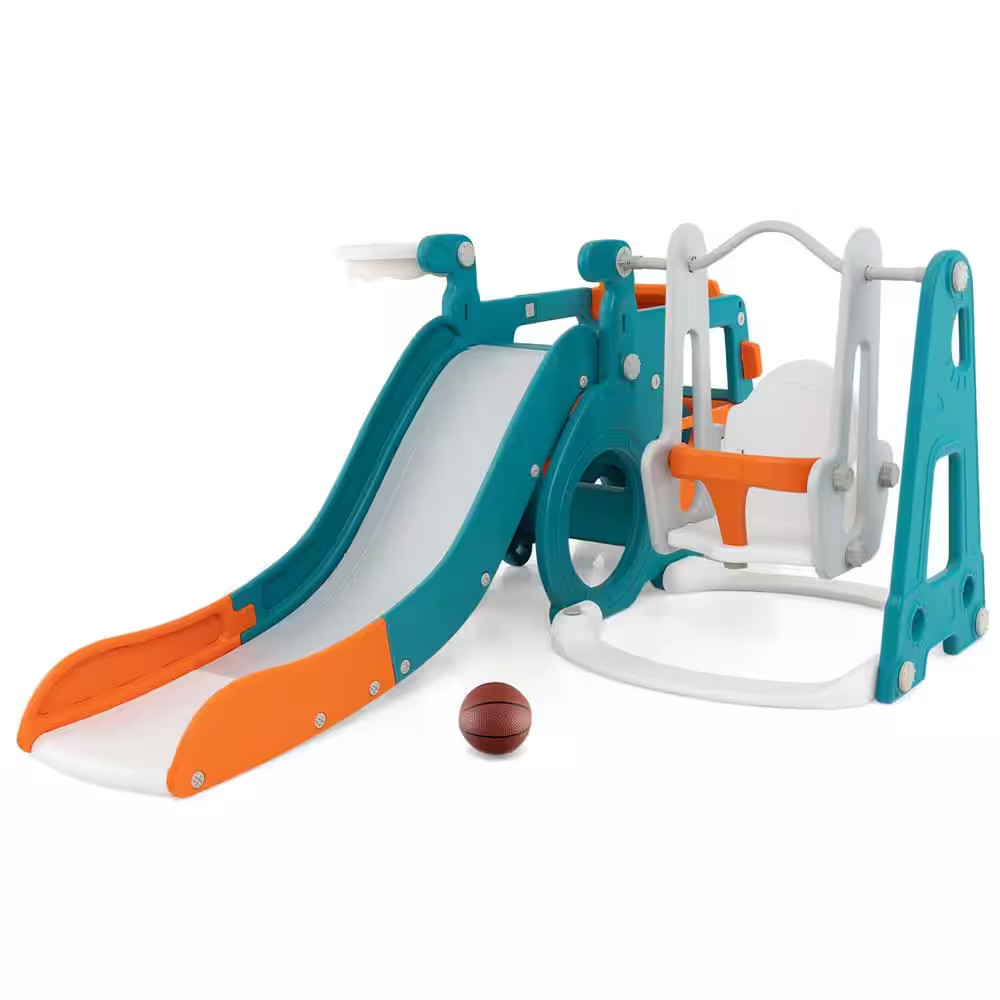 5-In-1 Toddler Slide Set with Basketball Hoop and Swing Baby Slide Playset Indoo