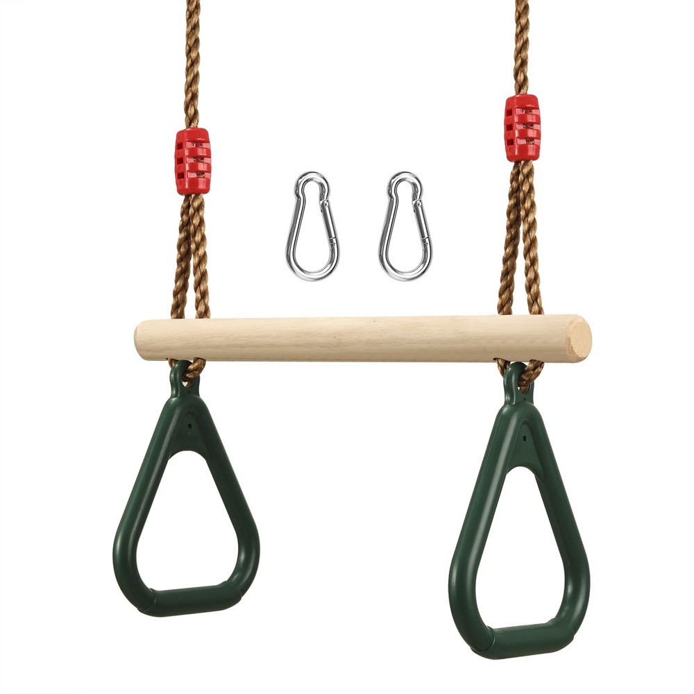 Playground Children’s Wooden Trapeze Swing Bar with Plastic Gym Rings Swing S…