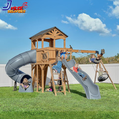 Wood Swing Set with Spiral Tube Slide Wave Slide Clubhouse Outdoor Playset