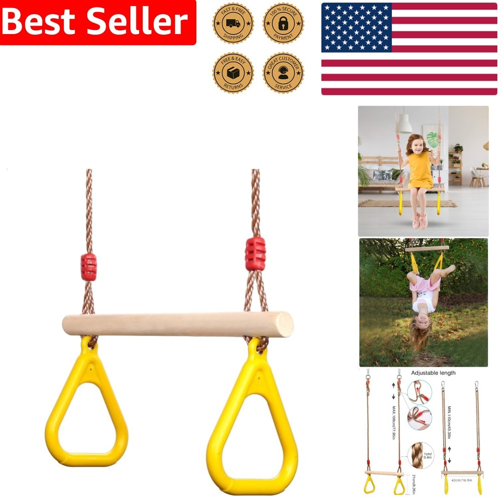 Adjustable Trapeze Swing Bar Kids Gym Rings Yellow Outdoor Indoor Playground Fun