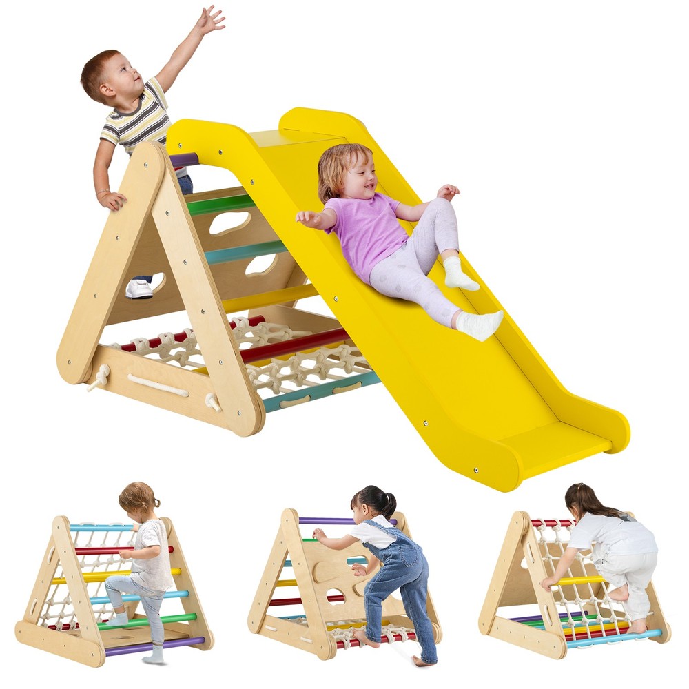 4 in 1 Wooden Climbing Triangle Set Triangle Climber w/Ramp Multi-color
