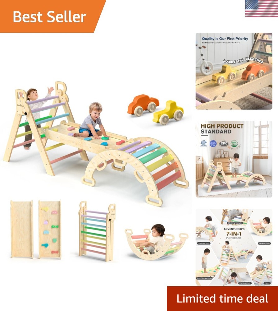 Pikler Triangle Set 7in1 Foldable Baby Climbing Toys Wooden Montessori Climbi…