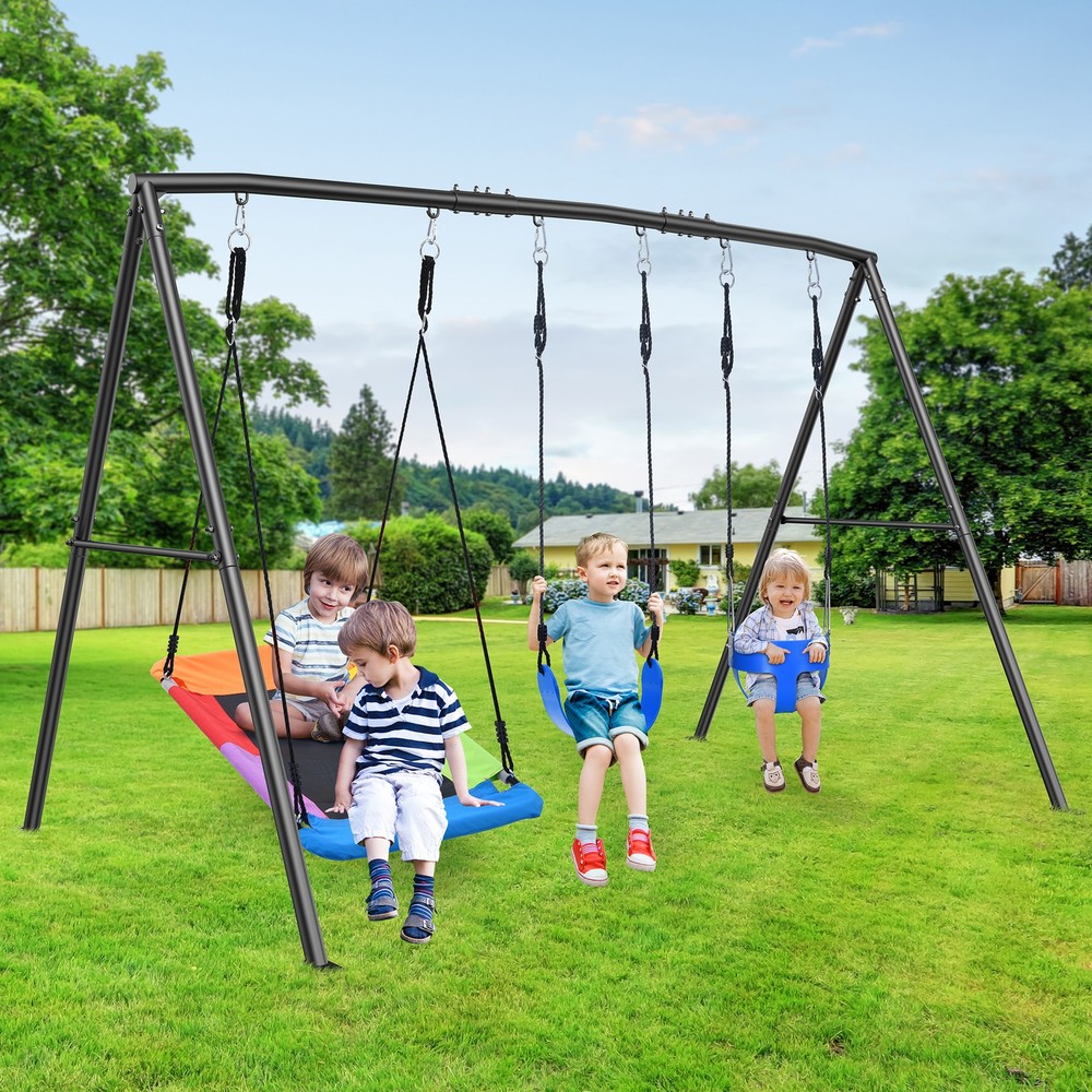 440lbs 3 Seats Metal Swing Set Outdoor Kids Adult Playset Toddler Swing Backyard