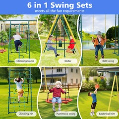 Kids Outdoor Heavy Duty Swing Set Seesaw Climbing Basket Playground 6in1 Playset