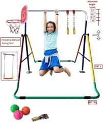 4-in-1 Kids Jungle Gym: Monkey Bar, Swing Set, Trapeze Rings, Basketball Net