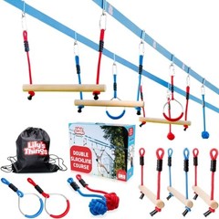 Double Ninja Slackline Obstacle Course for Kids | 80 Foot Line | 80 feet Blue