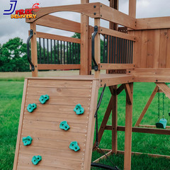 Cedar Wood Swing Set with Wave Slide Raised Wooden Bridge Outdoor Playset NEW