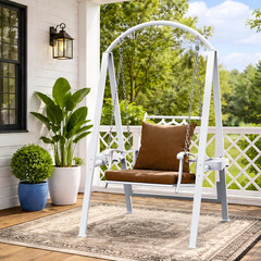 Heavy-Duty Porch Swing with Stand, Adjustable Chains, Removable Cushion, White