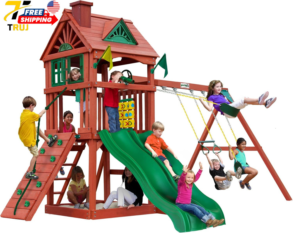 Wooden Swing Set with Wood Roof Two Slides Swings and Climbing Wall Playsets NEW