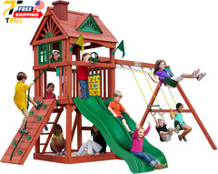 Wooden Swing Set with Wood Roof Two Slides Swings and Climbing Wall Playsets NEW