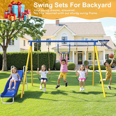 Heavy-Duty 5-In-1 Metal Swing Set for Backyard, Outdoor Playset for Kids 3-12 wi