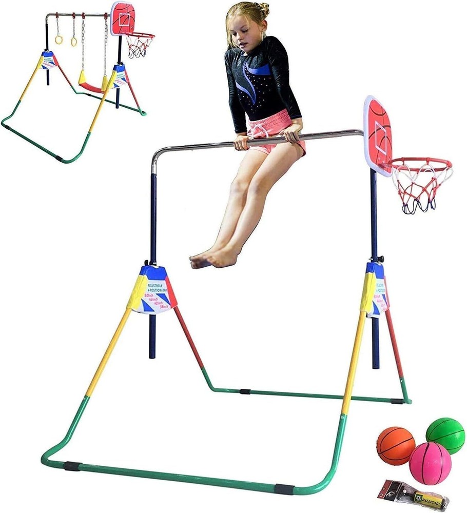 Deluxe 4-in-1 Kids Jungle Gym: Monkey Bar, Swing Set, Rings, Basketball Net
