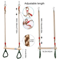 Playground Children’s Wooden Trapeze Swing Bar with Plastic Gym Rings Swing S…