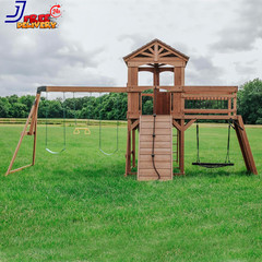 Cedar Wood Swing Set with Wave Slide Raised Wooden Bridge Outdoor Playset NEW