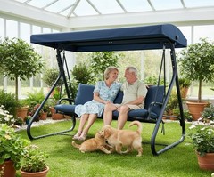 3-Seat Outdoor Swing Glider with Canopy, Converts to Flat Bed, Adjustable Shade
