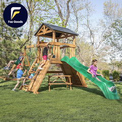 Endeavor Cedar Wood Swing Set with Wave Slide Play Deck Double Rock Wall NEW