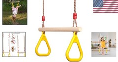 Adjustable Trapeze Swing Bar Kids Gym Rings Yellow Outdoor Indoor Playground Fun
