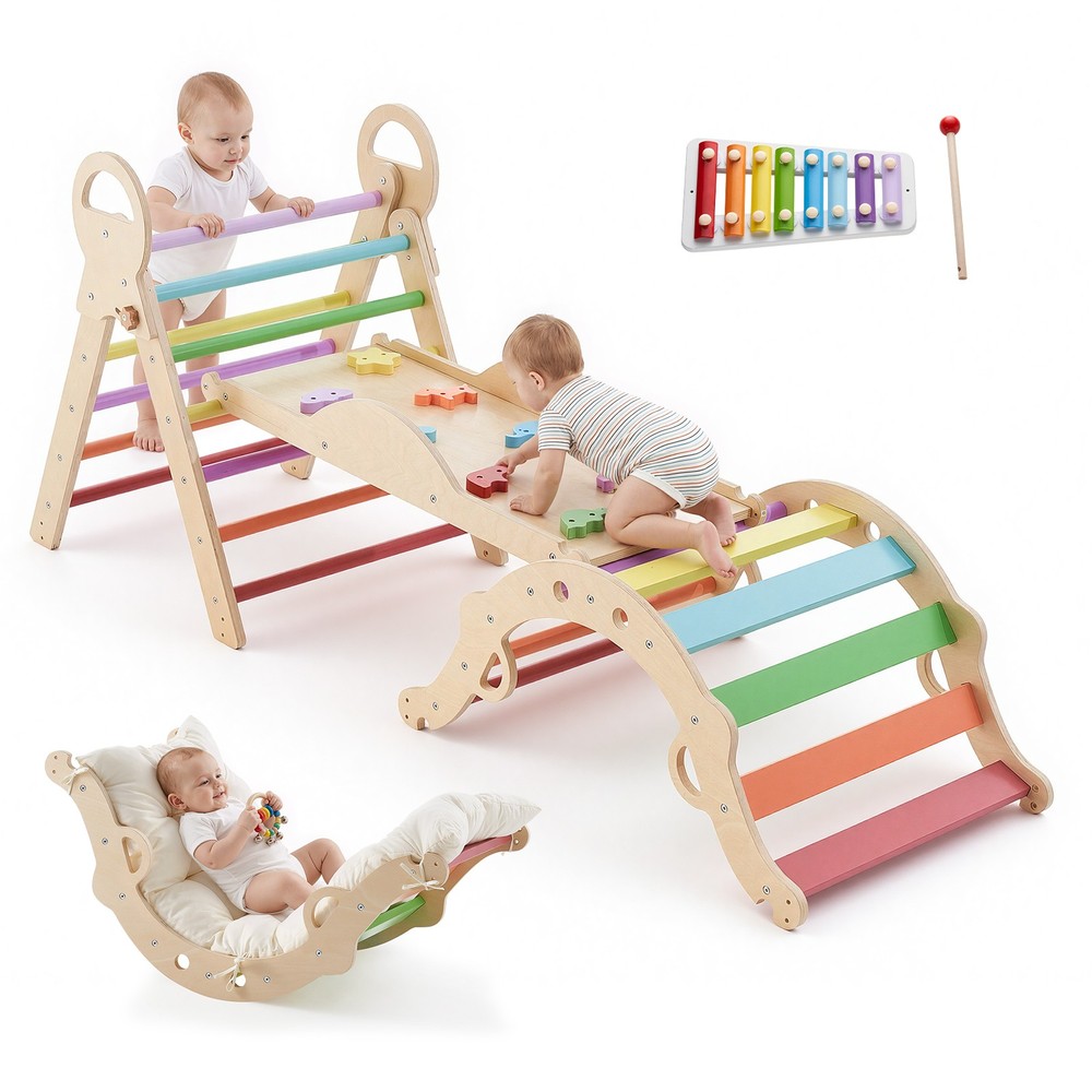 VEVOR Pikler Triangle Set 9-in-1 Toddler Climbing Toys with Xylophone Rainbow