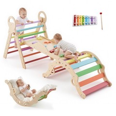VEVOR Pikler Triangle Set 9-in-1 Toddler Climbing Toys with Xylophone Rainbow