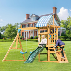 All-in-One Wooden Swing Set with Slide, Swings, Climbing Wall & More!
