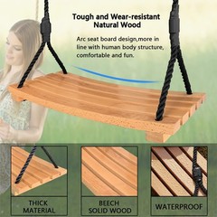 Favuit Wooden Swing Seat Hanging Tree Swing Adjustable Nylon Rope Outdoor Wood