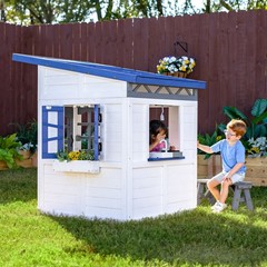 Teamson Kids Rainbow Shade Wooden Playhouse with Kitchen, Flower Box & Bench
