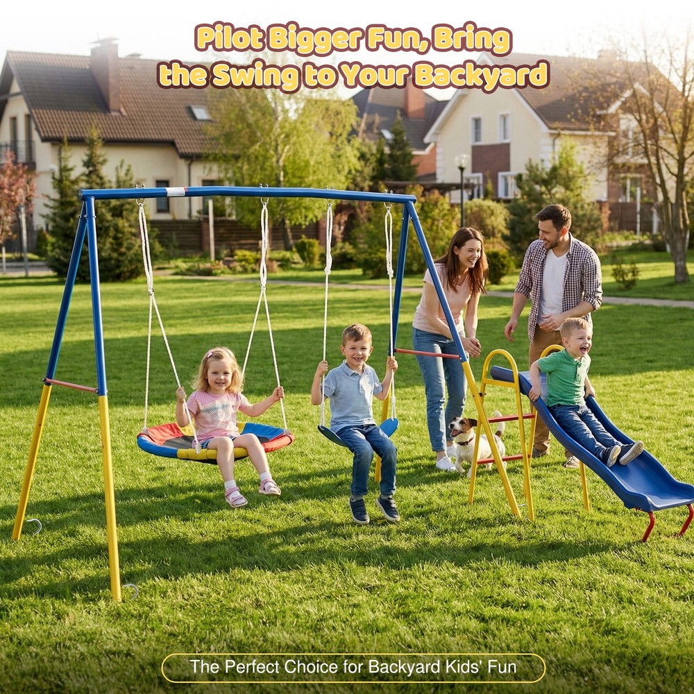 3-in-1 Swing Set with Slide, Heavy Duty Metal Outdoor Playset for Backyard