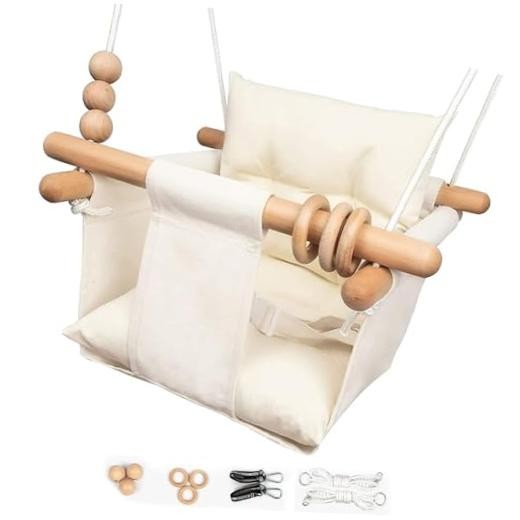 Baby Swing Outdoor Indoor Toddler Swing Seat with Safety Belt, Cream Checkered