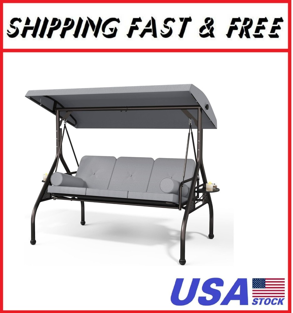 3 Seat Outdoor Porch Swing Chair, Adjustable Canopy Swing Bench, Convertible