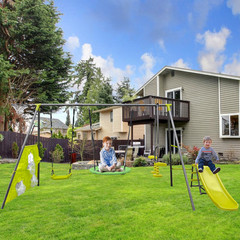 6 Function Swing Set w/ Net Swing, Slide, Hoop, 440 lbs, Green