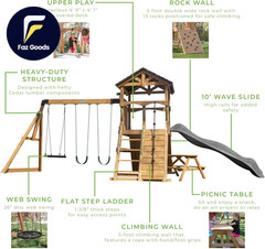 Endeavor II Cedar Wood Swing Set with Wave Slide Play Deck Double Rock Wall NEW