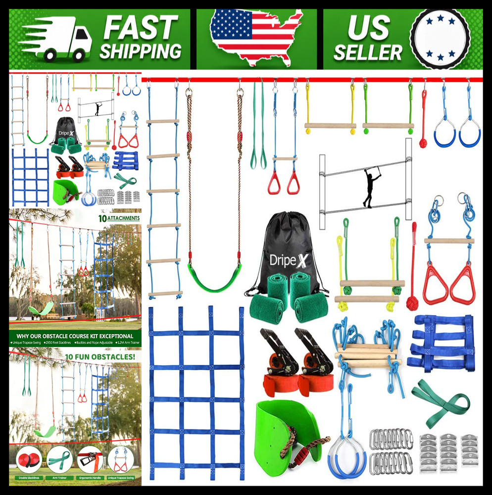 Ninja Warrior Backyard Obstacle Course Slackline Kit with Swing and Ladder