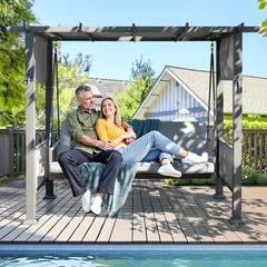 3-Seat Porch Swing with Stand 2in1 Convertible Bed Wicker Canopy Gray Outdoor