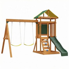 Wooden Swing Set Outdoor Kids Slide Backyard Playground Playset Rock Chalk Wall