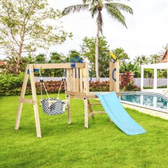 3-in-1 Wooden Swing Set w/ Baby Seat, Toddler Slide & Play Wheel – Ages 1.5-4