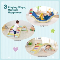 3-in-1 Kids Climber Set Wooden Arch Triangle Rocker w/ Blue & Ramp Mat