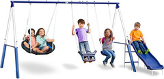 Swingin’ More Fun – 5 User / 4 Station Swing Set with 5′ Wave Slide, Outdoor for